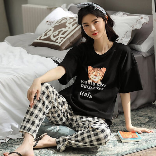 M-5XL Pajama Set Women Short Sleeve Top Cartoon Plaid Long Pants Pajamas Set Soft Sleepwear Female Pyjama Set Summer Home Wear