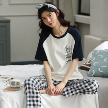 Load image into Gallery viewer, M-5XL Pajama Set Women Short Sleeve Top Cartoon Plaid Long Pants Pajamas Set Soft Sleepwear Female Pyjama Set Summer Home Wear