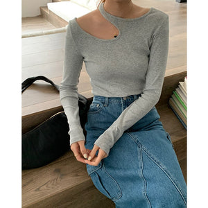 M FIVE 2023 new spring slim long sleeve T-shirt women&#39;s design sense niche off-the-shoulder slim top 0095