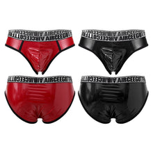 Load image into Gallery viewer, Male&#39;s Briefs Faux Leather Letter Print Jockstrap Thong Briefs Sissy Bulge Pouch Panties Underwear Low Waist Soft Male Underpant