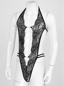 Man Sissy Catsuit Teddy Bodysuit Black Floral Lace Transparent Erotic Lingerie Sexy Nightwear Bodysuits Body Wear Sexy Lingerie