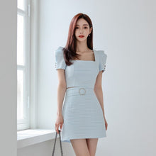 Load image into Gallery viewer, Matching Set Puff Sleeve Crop Top And High Waist Skirts Women Korean Style Female Elegant Office OL Plaid Two Piece Suit