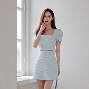 Matching Set Puff Sleeve Crop Top And High Waist Skirts Women Korean Style Female Elegant Office OL Plaid Two Piece Suit