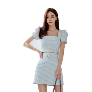 Matching Set Puff Sleeve Crop Top And High Waist Skirts Women Korean Style Female Elegant Office OL Plaid Two Piece Suit