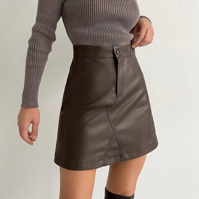 Matt PU Leather A-line Women Skirt Patchwork Slim Fit Female Skirts Brown