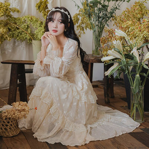 Medieval Vintage Chiffon Woman Dress Retro French Style Lantern Sleeve Lace Floral Romantic Princess Dresses Vestido Festa