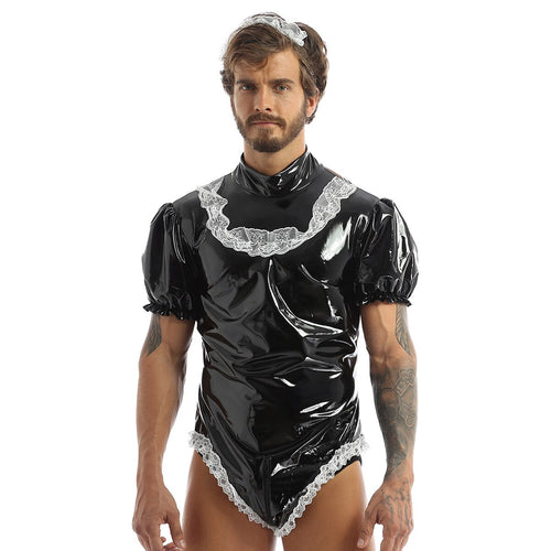 Men Adults Sissy Maid Costumes Wetlook Maid Leotard Bodysuit Men Amine Cosplay Costume Waitress Maid Party Clubwear Costumes