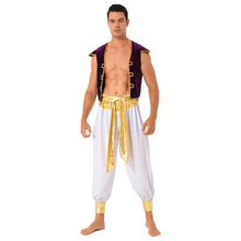 Load image into Gallery viewer, Men Arabian Prince Costume Cap Sleeve Vest Waistcoat with Belted Bloomers Pants Sets Aldult Halloween Carnival Cosplay Outfits