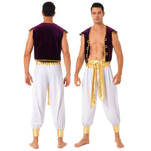 Load image into Gallery viewer, Men Arabian Prince Costume Cap Sleeve Vest Waistcoat with Belted Bloomers Pants Sets Aldult Halloween Carnival Cosplay Outfits