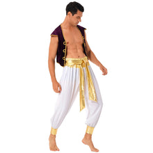 Load image into Gallery viewer, Men Arabian Prince Costume Cap Sleeve Vest Waistcoat with Belted Bloomers Pants Sets Aldult Halloween Carnival Cosplay Outfits