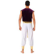 Load image into Gallery viewer, Men Arabian Prince Costume Cap Sleeve Vest Waistcoat with Belted Bloomers Pants Sets Aldult Halloween Carnival Cosplay Outfits