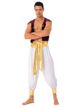 Load image into Gallery viewer, Men Arabian Prince Costume Cap Sleeve Vest Waistcoat with Belted Bloomers Pants Sets Aldult Halloween Carnival Cosplay Outfits