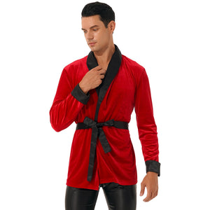 Men Christmas Kimono Bathrobe Nightwear Autumn Velvet Robe Tops With Belt Winter Warm Sleepwear Nightgown Male Loose Home Wear