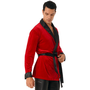 Men Christmas Kimono Bathrobe Nightwear Autumn Velvet Robe Tops With Belt Winter Warm Sleepwear Nightgown Male Loose Home Wear