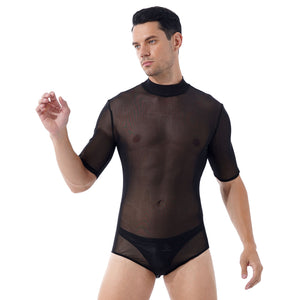 Men Erotic Lingerie Bodycon See-through Mesh Short Sleeve Bodysuit Mock Neck Zipper Back Leotard Nightclub Stage Show Costumes