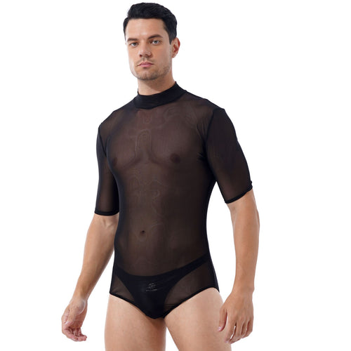 Men Erotic Lingerie Bodycon See-through Mesh Short Sleeve Bodysuit Mock Neck Zipper Back Leotard Nightclub Stage Show Costumes
