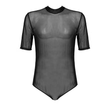 Load image into Gallery viewer, Men Erotic Lingerie Bodycon See-through Mesh Short Sleeve Bodysuit Mock Neck Zipper Back Leotard Nightclub Stage Show Costumes