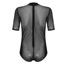 Load image into Gallery viewer, Men Erotic Lingerie Bodycon See-through Mesh Short Sleeve Bodysuit Mock Neck Zipper Back Leotard Nightclub Stage Show Costumes