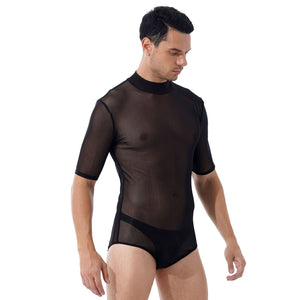 Men Erotic Lingerie Bodycon See-through Mesh Short Sleeve Bodysuit Mock Neck Zipper Back Leotard Nightclub Stage Show Costumes