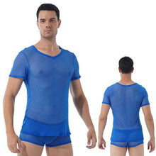 Load image into Gallery viewer, Men Hollow Out Mesh Two-piece Set See-through Lingerie Suit V Neck Short Sleeve T-shirt with Elastic Waistband Sexy Boxer Shorts