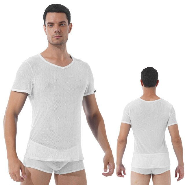 Men Hollow Out Mesh Two-piece Set See-through Lingerie Suit V Neck Short Sleeve T-shirt with Elastic Waistband Sexy Boxer Shorts