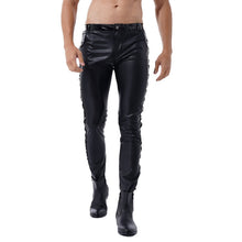 Load image into Gallery viewer, Men Leather Pants Skinny Fit Elastic PU Leather Tight Trousers Motorcycle Pants Streetwear Clubwear Rock Band Stage Performance
