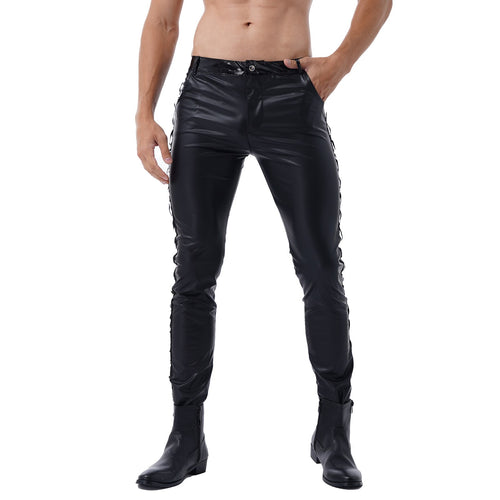 Men Leather Pants Skinny Fit Elastic PU Leather Tight Trousers Motorcycle Pants Streetwear Clubwear Rock Band Stage Performance