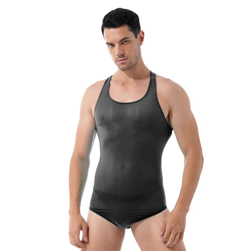Men Sexy Jumpsuit Leotard Solid Color Round Neck Sleeveless Skinny Bodycon Bodysuit Wrestling Singlet Stretchy Swimsuit Swimwear