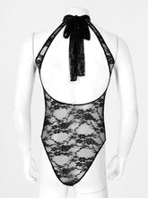 Load image into Gallery viewer, Men Sexy See-through Floral Lace Bodycon Bodysuit Halter Lace-up Backless Sheer Leotard Sissy Lingerie Teddies Catsuit Nightwear