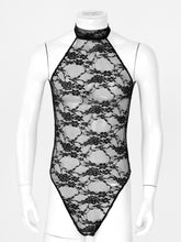 Load image into Gallery viewer, Men Sexy See-through Floral Lace Bodycon Bodysuit Halter Lace-up Backless Sheer Leotard Sissy Lingerie Teddies Catsuit Nightwear