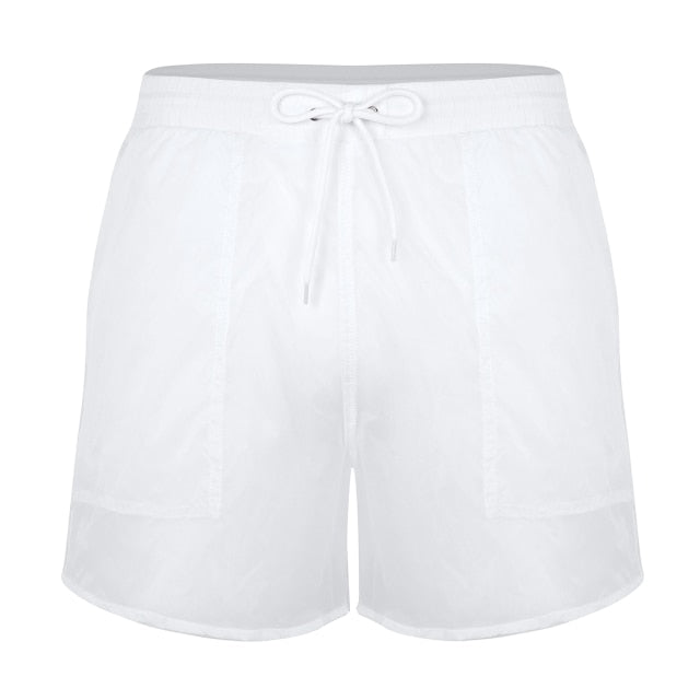 Men Stretch Swim Trunks Elastic Waist See-Through Drawstring Quick Dry Beach Shorts with Pockets and Bulit-in Mesh Lining Briefs