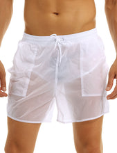 Load image into Gallery viewer, Men Stretch Swim Trunks Elastic Waist See-Through Drawstring Quick Dry Beach Shorts with Pockets and Bulit-in Mesh Lining Briefs