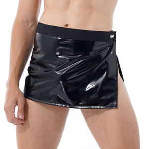 Mens Adjustable Elastic Waistband Side Split Sexy Skirts Wet Look Patent Leather Miniskirt For Pole Dancing Nightclub Stage Show
