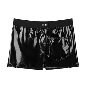 Mens Adjustable Elastic Waistband Side Split Sexy Skirts Wet Look Patent Leather Miniskirt For Pole Dancing Nightclub Stage Show