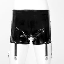 Load image into Gallery viewer, Mens Black Lingerie Wetlook Faux Leather High Waist Boxer Shorts Sexy Men Crotchless Underwear Panties with Garters