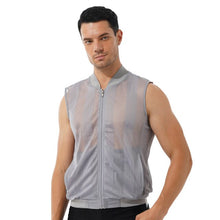Load image into Gallery viewer, Mens Breathable Sleeveless Jacket Solid Color Stripe Waistcoat Zipper Closure Front Tank Tops See-through Mesh Fashion Vest Top