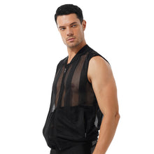 Load image into Gallery viewer, Mens Breathable Sleeveless Jacket Solid Color Stripe Waistcoat Zipper Closure Front Tank Tops See-through Mesh Fashion Vest Top