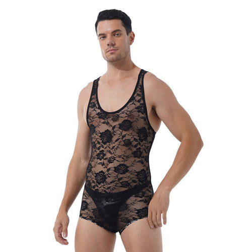 Mens Erotic Bodycon Catsuit Flower Pattern See Through Sheer Lace Bodysuit Round Neck Sleeveless Leotard Slim Jumpsuit Nightwear