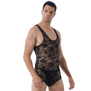 Mens Erotic Bodycon Catsuit Flower Pattern See Through Sheer Lace Bodysuit Round Neck Sleeveless Leotard Slim Jumpsuit Nightwear