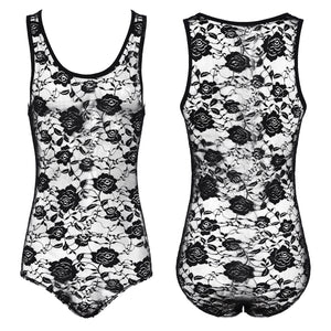 Mens Erotic Bodycon Catsuit Flower Pattern See Through Sheer Lace Bodysuit Round Neck Sleeveless Leotard Slim Jumpsuit Nightwear