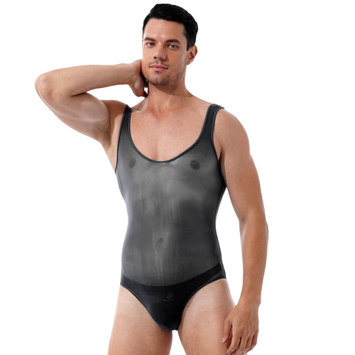 Mens Erotic Bodycon Glossy Scoop Neck Sleeveless Sexy Jumpsuit See-through Skinny Leotard Catsuit For Lingerie Party Honeymoon