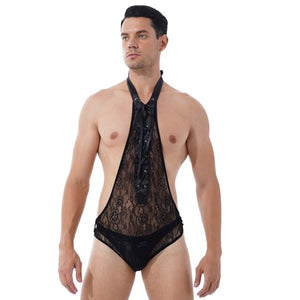 Mens Erotic Bodycon Jumpsuits Floral Lace Deep V One-piece Bodysuit Sissy Nightwear Halter Lace-up Open Butt See-through Leotard