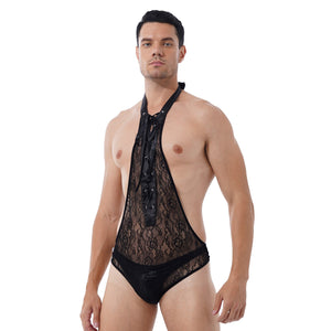 Mens Erotic Bodycon Jumpsuits Floral Lace Deep V One-piece Bodysuit Sissy Nightwear Halter Lace-up Open Butt See-through Leotard