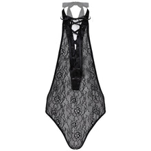 Load image into Gallery viewer, Mens Erotic Bodycon Jumpsuits Floral Lace Deep V One-piece Bodysuit Sissy Nightwear Halter Lace-up Open Butt See-through Leotard