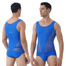 Load image into Gallery viewer, Mens Erotic Jumpsuits Semi-see through Sheer Mesh Patchwork Wrestling Sport Bodysuit Sleeveless Bulge Pouch Leatord Swimsuit