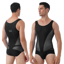 Load image into Gallery viewer, Mens Erotic Jumpsuits Semi-see through Sheer Mesh Patchwork Wrestling Sport Bodysuit Sleeveless Bulge Pouch Leatord Swimsuit