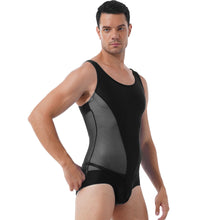 Load image into Gallery viewer, Mens Erotic Jumpsuits Semi-see through Sheer Mesh Patchwork Wrestling Sport Bodysuit Sleeveless Bulge Pouch Leatord Swimsuit