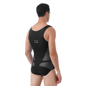 Mens Erotic Jumpsuits Semi-see through Sheer Mesh Patchwork Wrestling Sport Bodysuit Sleeveless Bulge Pouch Leatord Swimsuit
