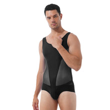 Load image into Gallery viewer, Mens Erotic Jumpsuits Semi-see through Sheer Mesh Patchwork Wrestling Sport Bodysuit Sleeveless Bulge Pouch Leatord Swimsuit