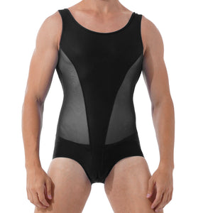 Mens Erotic Jumpsuits Semi-see through Sheer Mesh Patchwork Wrestling Sport Bodysuit Sleeveless Bulge Pouch Leatord Swimsuit